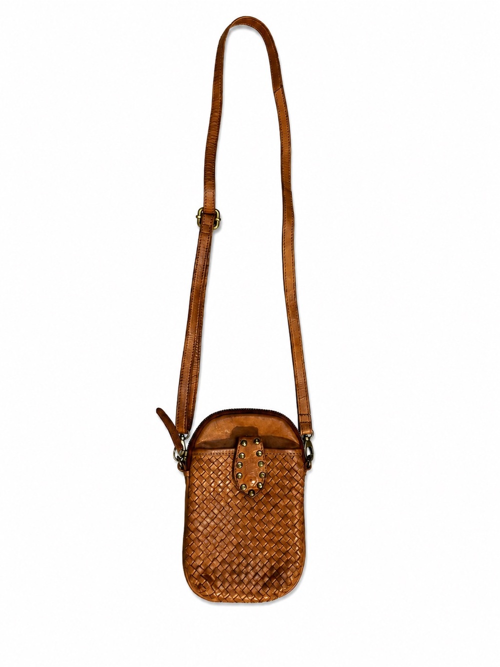 Vilenca Holland Woven Genuine Leather Crossbody Phone Bag Cognac Brown